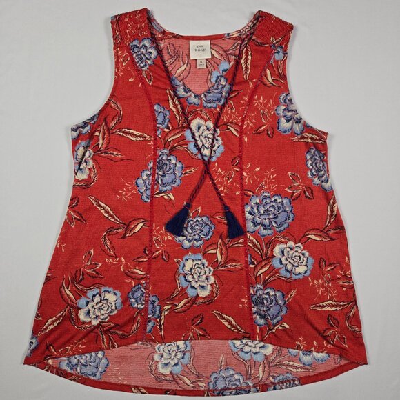 Knox Rose Red Floral Tassel Boho Smocked Sleeveless Blouse Women’s M Cottagecore - Picture 5 of 12